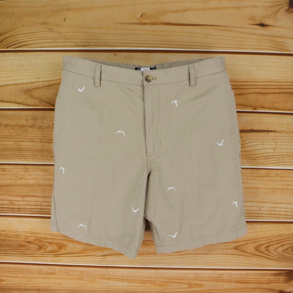 Chaps Khaki Shorts Flat Front Mens Sz 36 Brown White Birds Cotton Button Pockets